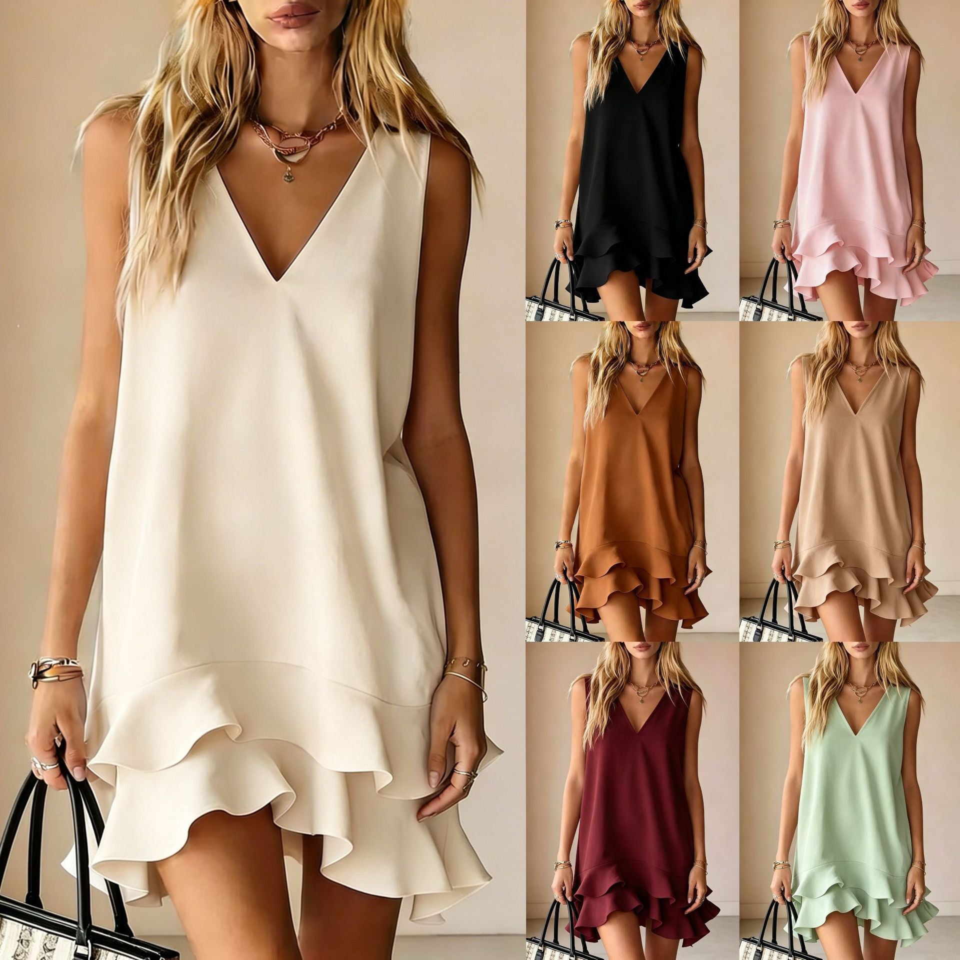 V-Neck Sleeveless Ruffle Hem Mini Dress
